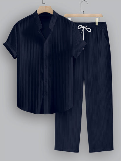 2pcs Men's Summer Casual Striped Polyester Outfit Set, Short Sleeve Stand Collar Shirt and Drawstring Pants, Non-Stretch Woven Fabric, Regular Fit for Daily Wear and Beach Vacation, Plain Color, Beach Vacation