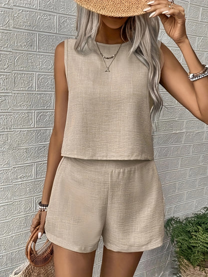 Women's Solid Color Top and Shorts Set, Perfect for Vacation/Leisure Time