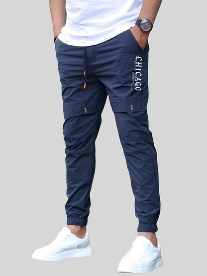Men'S Casual Drawstring Joggers, 100% Polyester Non-Stretch Woven Fabric, All-Season Regular Fit Trousers with Alphabet Print Detail, Fashionable Workwear Style