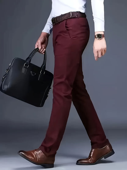 Men's Classic Business Dress Pants, Solid Color Casual Trousers, 100% Polyester, Regular Fit, with Zipper Fly, for Daily Wear and Gifting, All-Season, Allseason Trousers | Notch Lapel Design | Polyester Trousers