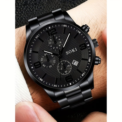SOKI Men'S Casual Quartz Watch Set, 4pcs, Round Dial, Alloy Case, Stainless Steel Strap, Pointer Display, Calendar Feature, Non-Waterproof, Electronic Movement, Battery Powered, with Silvery Cross Pendant Necklace Ring Bracel