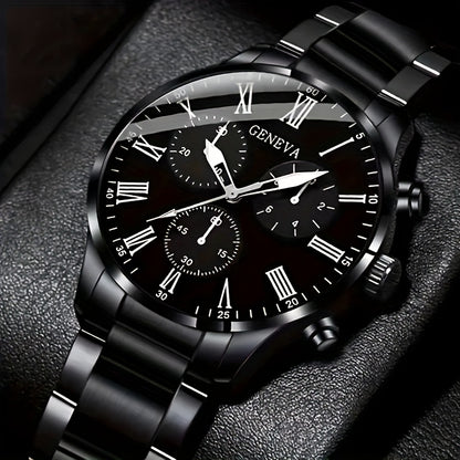 Luxury 8pcs Men'S Gift Set: Stainless Steel Quartz Watch with Calendar, Golden Arrow Necklace, Bracelet & Ring - Elegant Business Casual Accessories for Valentine's, New Year, Easter, Ramadan, Birthdays, Christmas, Halloween