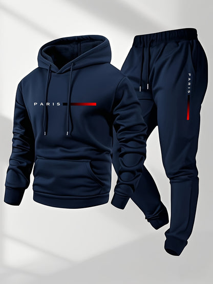 Men's Hoodie and Drawstring Sweatpants Set with PARIS Letter Print