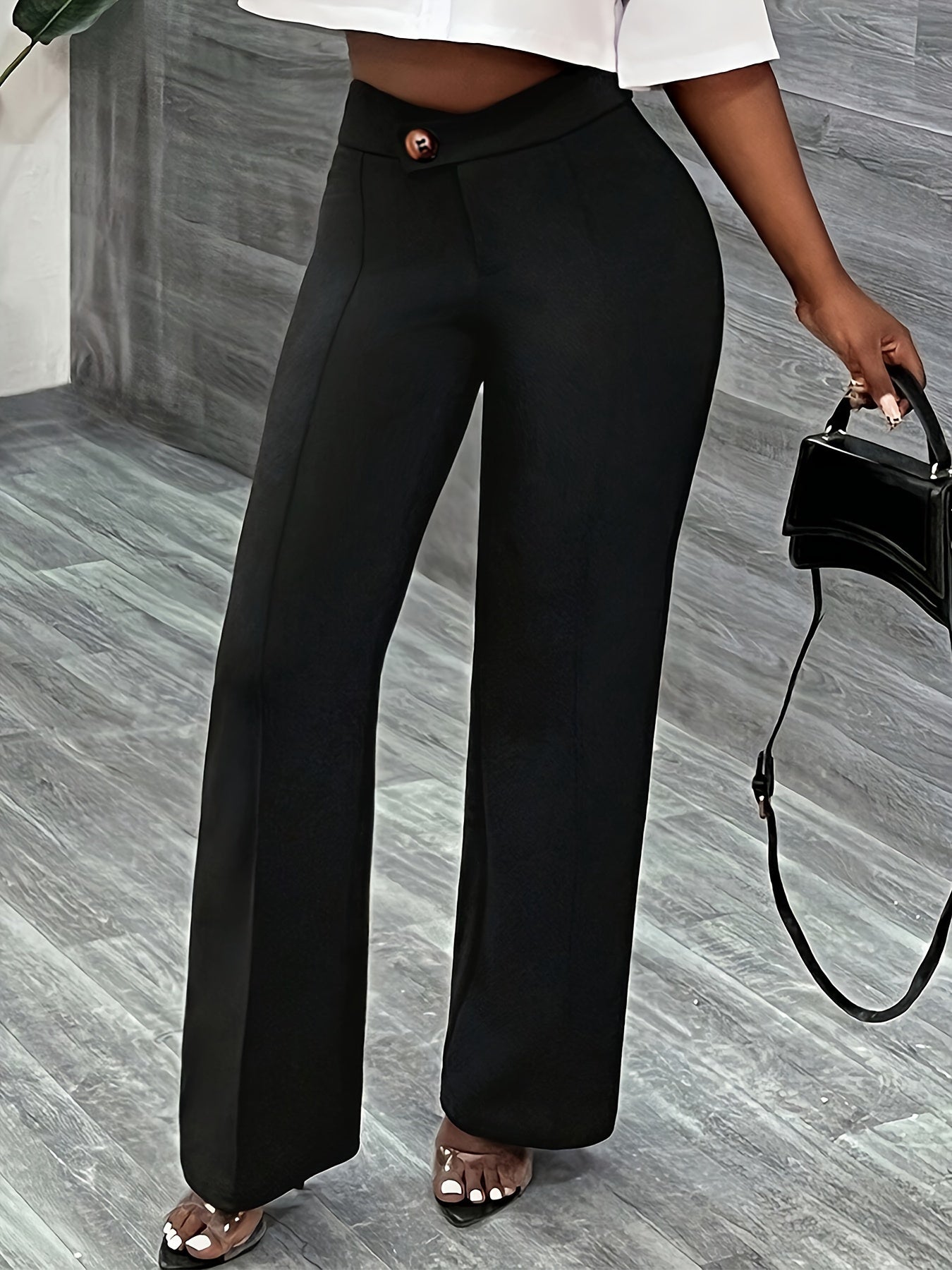 Solid Color Straight Leg Pants, Elegant High Waist Button Front Pants For Work & Office, Women's Clothing