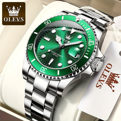 OLEVS Men'S Luxury Quartz Watch - Green Dial, Stainless Steel Band, Luminous Pointer Display, Quartz Movement, Electronic Drive, Zinc Alloy Case, Ideal for Business Casual Wea