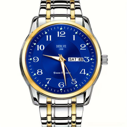 DEBLVE Men'S Fashionable Stainless Steel Watch with Luminous Numbers, Calendar & Week Display - Quartz Movement, Business Style, Ideal for Travel & Daily Use