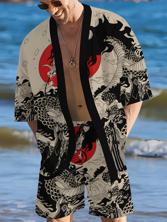 Men's Japanese Style Print Kimono Shorts Home Wear Casual Vacation Set