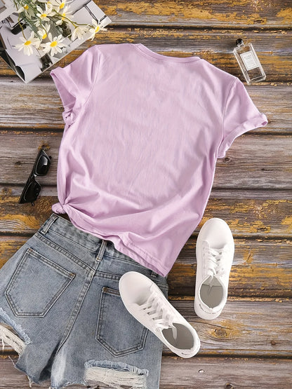 Finger Heart Print T-Shirt, Short Sleeve Crew Neck Casual Top For Summer & Spring, Women's Clothing
