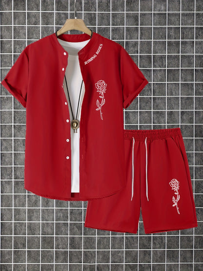 2pcs Printed Men's Summer Short Sleeve Button Shirt and Shorts Set