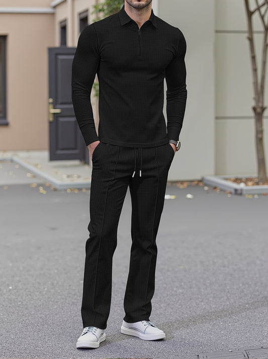 2025 collar half zipper long sleeved two-piece set, collar zipper allows for free breathing, casual pants to wear, knitted fabric is softer, multi color and multi style, Men's solid color is simple and not simple.