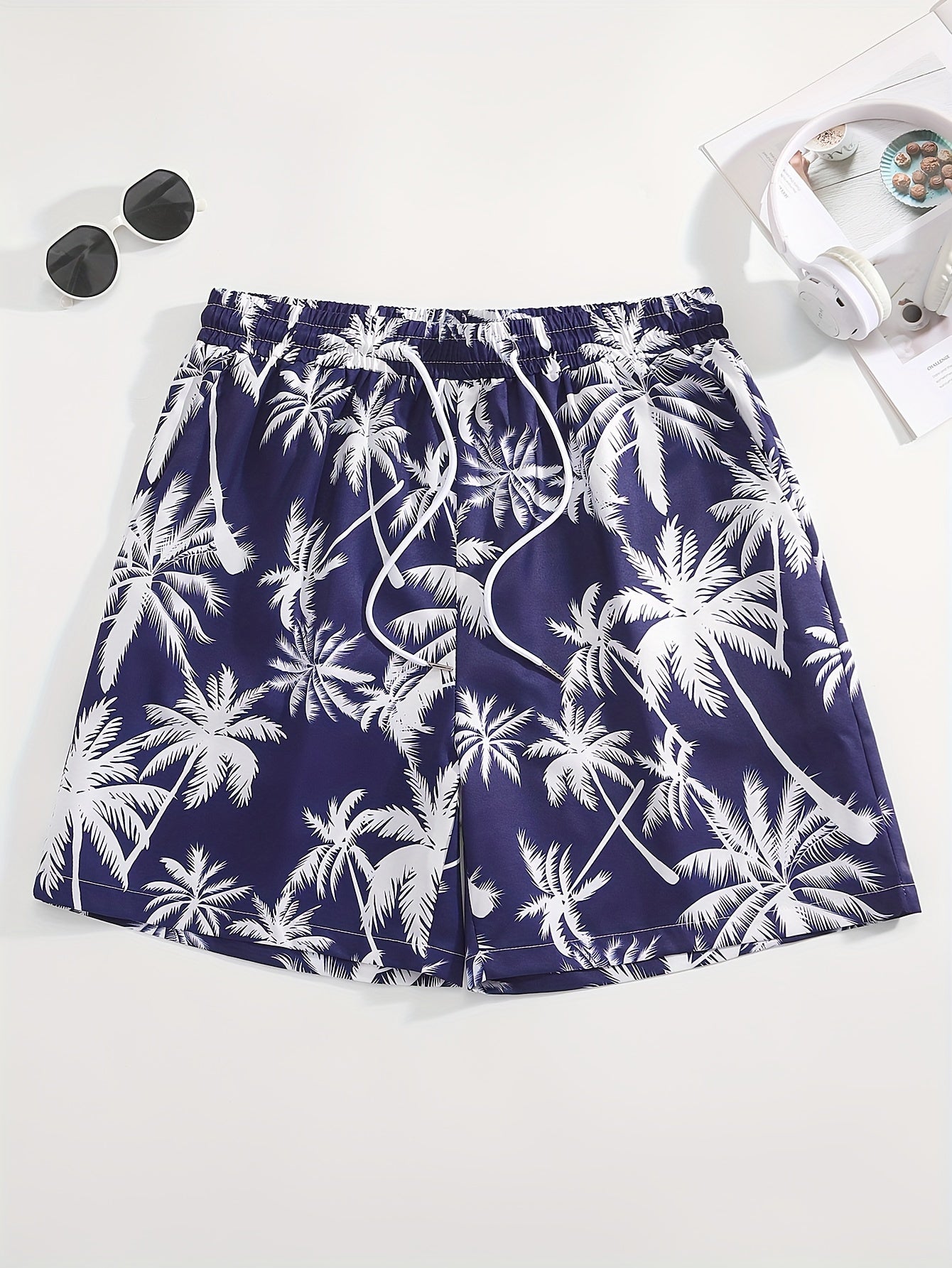 Men's Tropical Coconut Tree Print Drawstring Shorts - Casual, Loose-Fit Beachwear with Pockets
