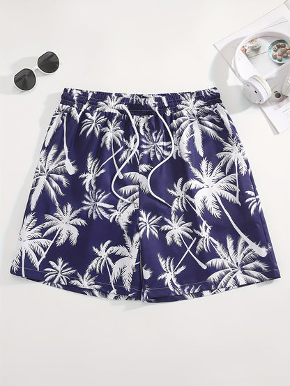 Men's Tropical Coconut Tree Print Drawstring Shorts - Casual, Loose-Fit Beachwear with Pockets