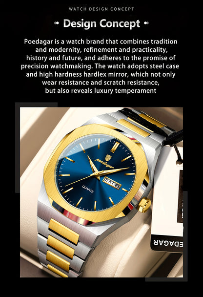 POEDAGAR Men'S Luxury Quartz Watch - Waterproof, Luminous Calendar, Stainless Steel Band, Business Style, Blue & Golden Accents, 3ATM, Non-Rechargeable Button Battery, Perfect for Spring Festival & Valentine'S Day Gifts