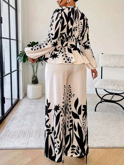 Spring And Autumn Fashionable Women'S Floral Long-Sleeve Top And Pants Set