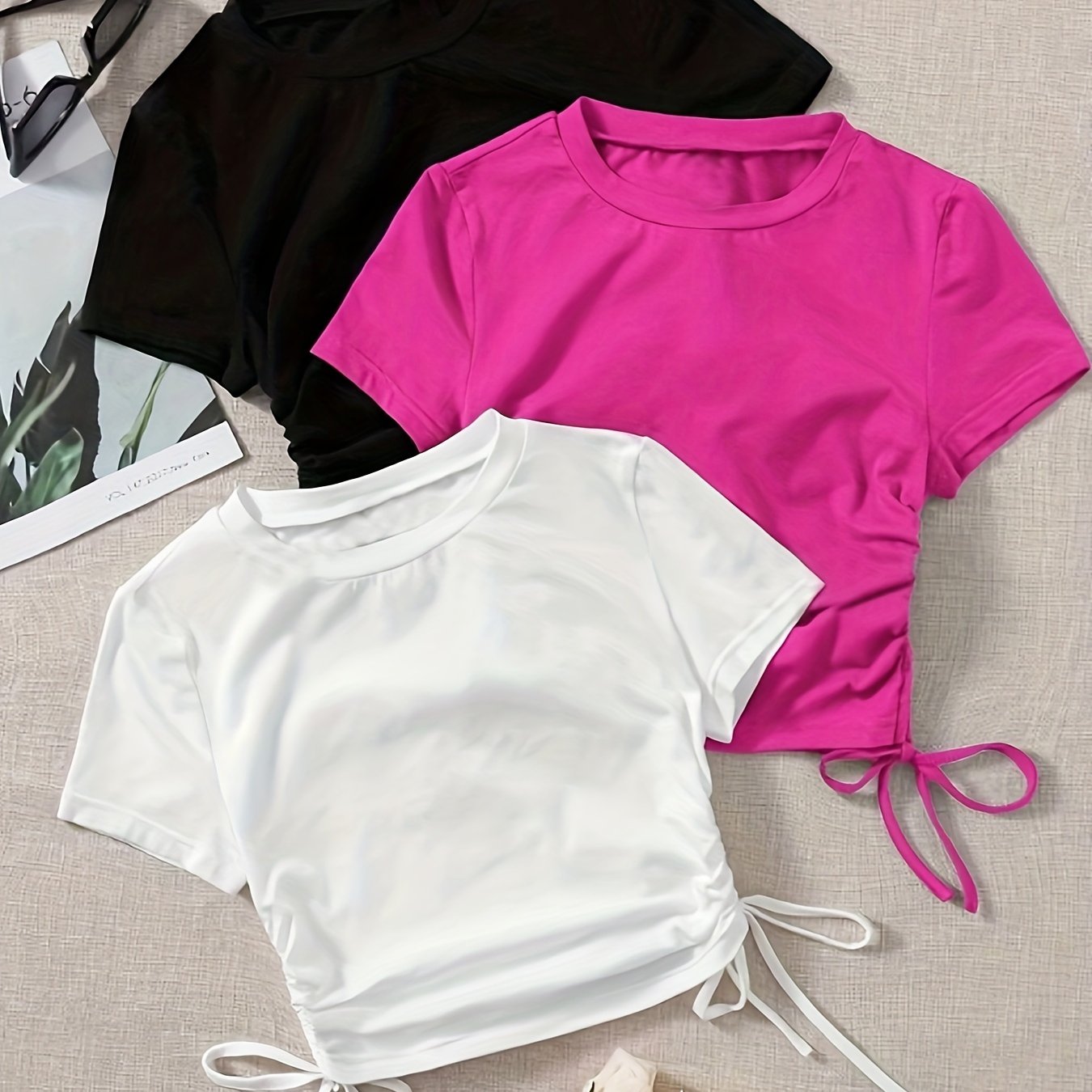 3 Pack Drawstring Crew Neck T-Shirt, Casual Short Sleeve T-Shirt For Spring & Summer, Women's Clothing