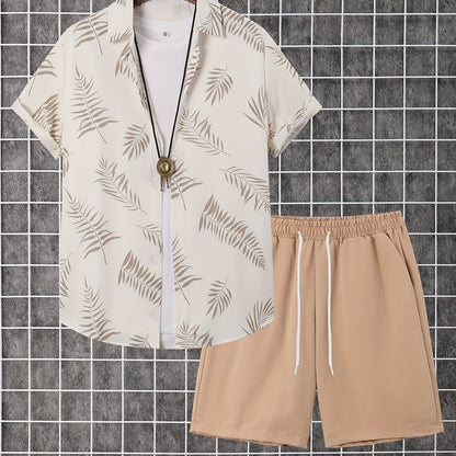 2-piece Men's Holiday Style Summer Outfit Set, Leafs Pattern Print Short Sleeve Button Up Lapel Shirt Top & Solid Drawstring Shorts With Pockets