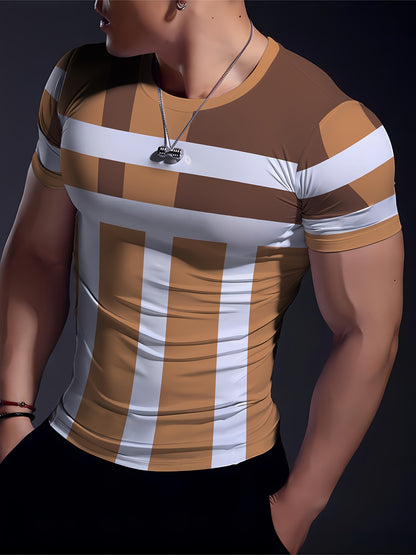 Striped Patchwork Design Pattern Print, Men'S Sports Fashion, Geometric Print High Elasticity Tight Fit Short Sleeved Round Neck T-Shirt, Summer Fitness, Training And Fitness Wear Quick Drying Sports Top with Coolness