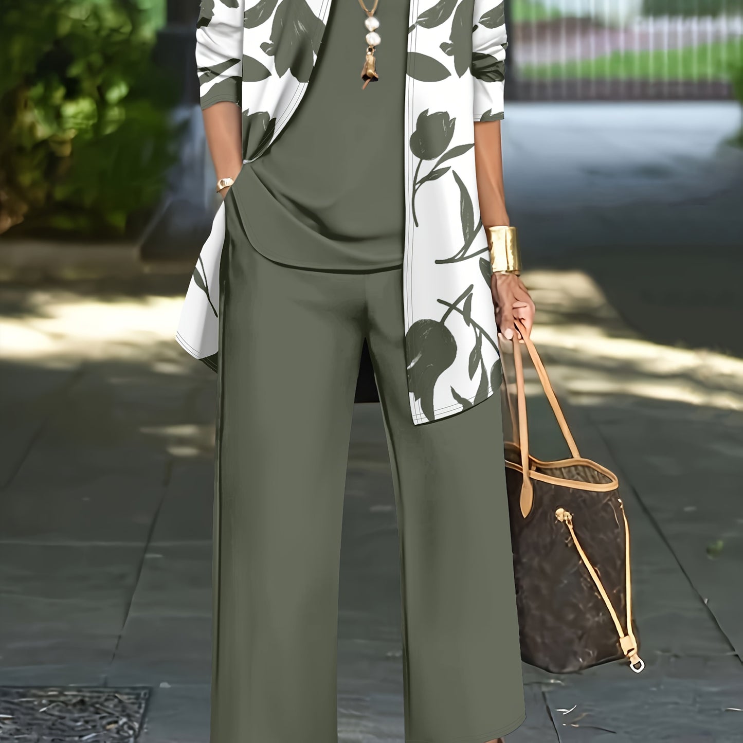 Women'S 3pcs Set, Floral Print Cardigan with Solid Color Cami and Wide-Leg Pants Casual Outfit