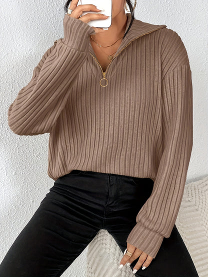 [Everyday Elegance] Women's Elegant Ribbed Knit Collared T-Shirt - Black, Long Sleeve, Zip-Up Design, Soft Polyester Blend, Machine Washable, Perfect for Spring & Fall, Ladies T Shirts