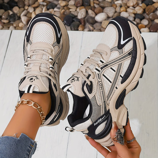 Women's Minimalist Black and White Thick-Sole Lace-Up Sneakers with Breathable Mesh Material, Comfortable for Daily Wear and Light Exercise