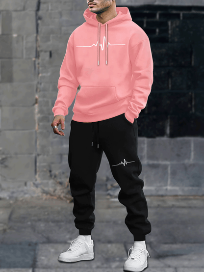 1set Men'S Casual Geometric Heartbeat Pattern Hoodie and Sweatpants Set, Polyester and Spandex Blend, Loose Fit, Hooded Pullover for Autumn/Winter
