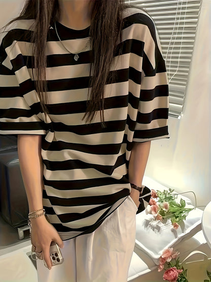 Women'S Classic Black & White Striped T-Shirt - Casual Summer Short Sleeve, Ultra-Loose Fit with Round Neckline, Machine Washable Polyester Blend, Allseason Top|Relaxed Fit Top|Stretchable Fabric