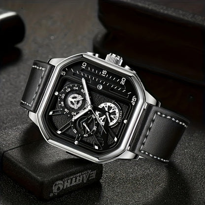 1 Casual Men's Quartz Watch, PU Leather Strap Business Watch Set Suitable for All Occasions, Jewelry Gift for Dad, Boyfriend, Suitable for All Festivals (Box Not Included)