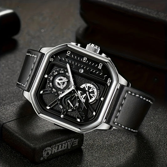 1 Casual Men's Quartz Watch, PU Leather Strap Business Watch Set Suitable for All Occasions, Jewelry Gift for Dad, Boyfriend, Suitable for All Festivals (Box Not Included)