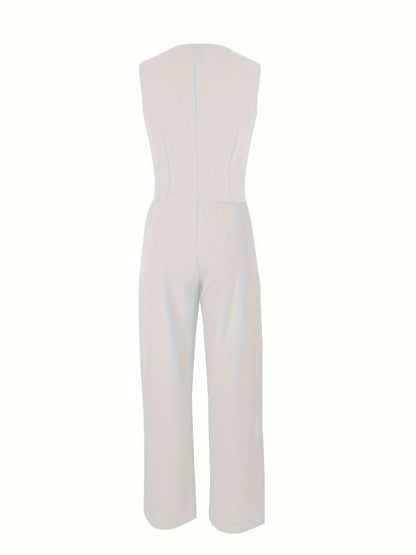 Solid Color Stylish Pantsuits, Button Front Fake Pocket Sleeveless Vest & High Waist Pleated Pants Outfits, Women'S Clothing