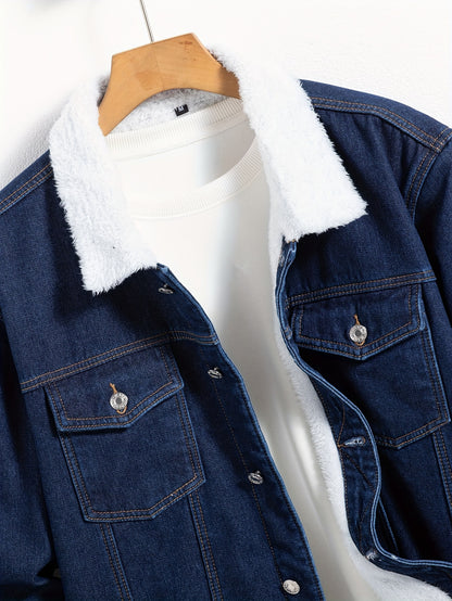 Men's Casual Warm Fleece Lined Denim Jacket, Chic Street Style Button Up Jacket for Fall Winter