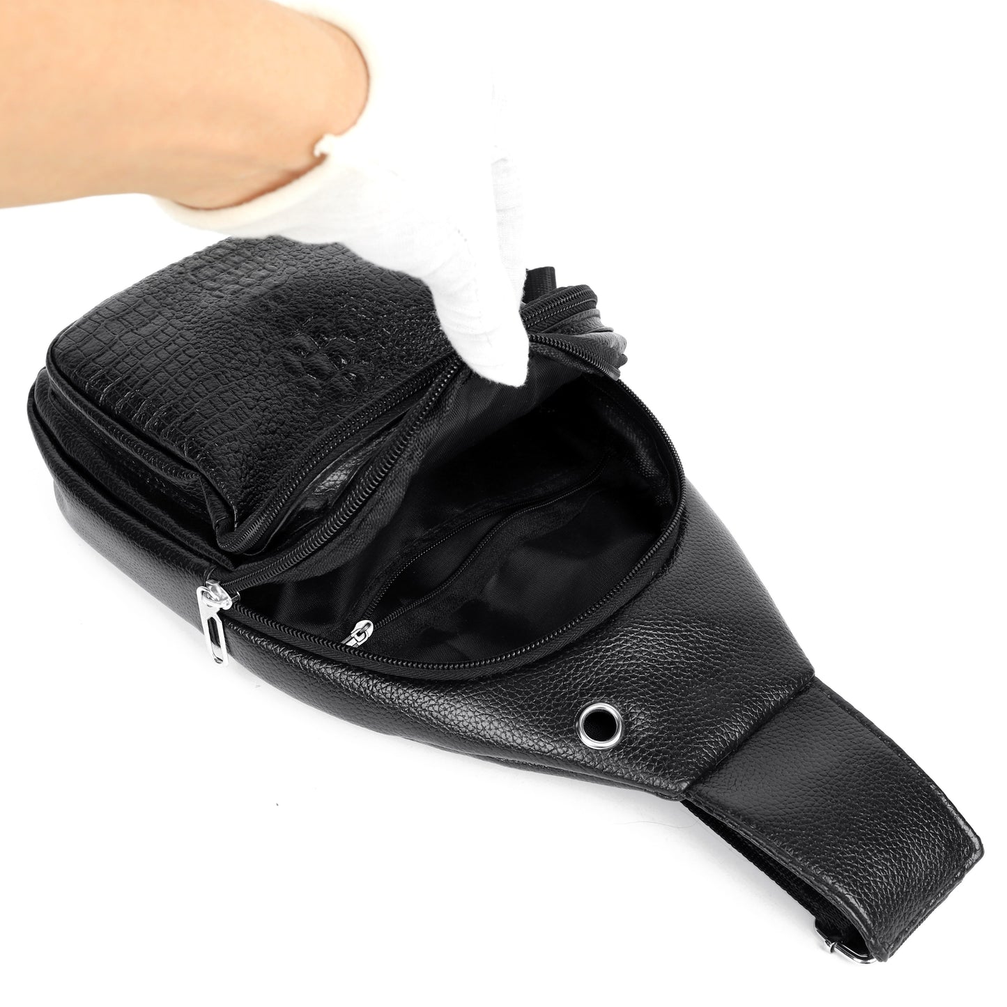 Men's Stylish Black PU Leather Sling Bag - Large Capacity Lightweight Crossbody Chest Pack with Embossed Design & External Earphone Hole for Casual Outings, Crossbody Bag