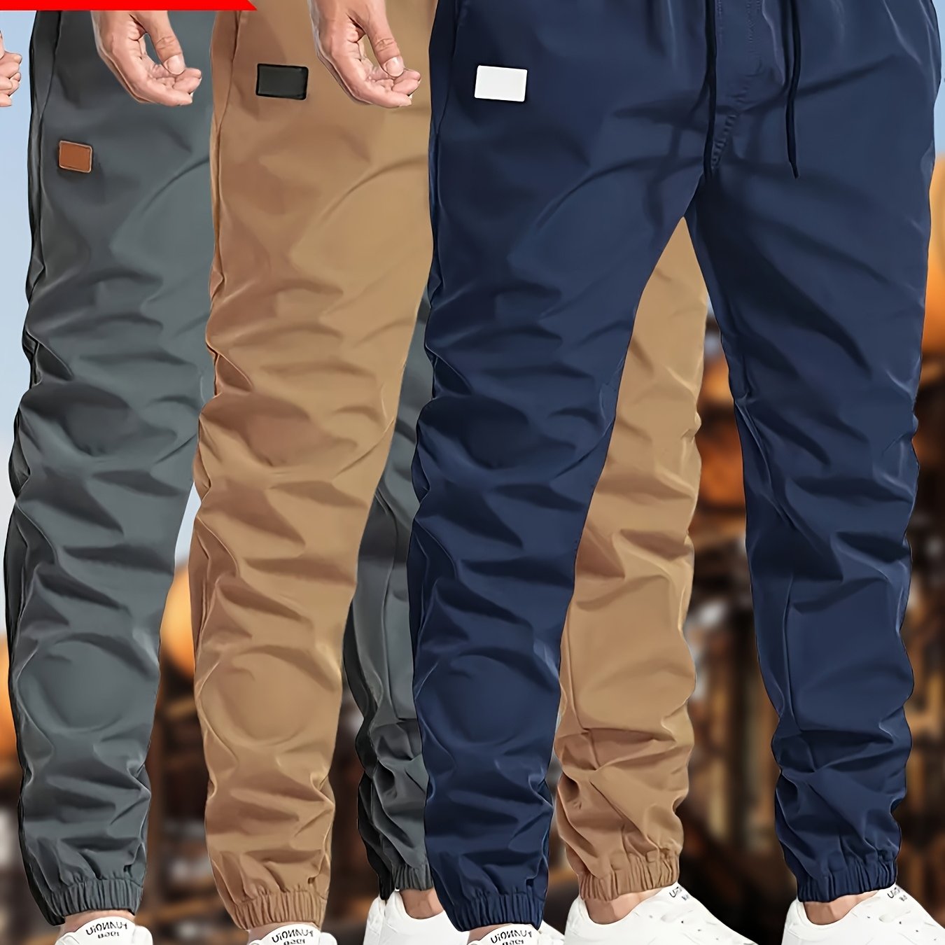 3pcs Men's Solid Color Drawstring Joggers - Casual Cargo Cropped Pants, Polyester, Machine Washable, in Black, Dark Gray, Olive Green with Patch Detail