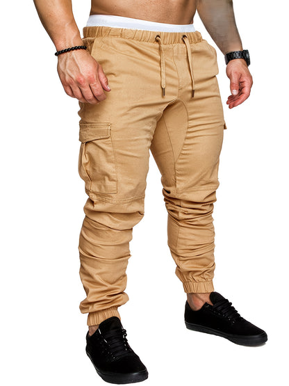 3-Pack Men'S Casual Cotton Cargo Pants, Solid Color, Non-Stretch, Regular Length, Drawstring Waist, Four Seasons, Standard Fit, Woven Fabric