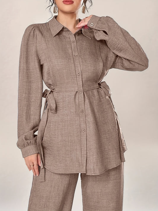 Women'S Stylish Two-Piece Set - Elegant Long Sleeve Shirt with Tie Waist and Wide Leg Pants, Perfect for Office Wear, Office Attire|Elegant Two-Piece Set|Polyester Fabric