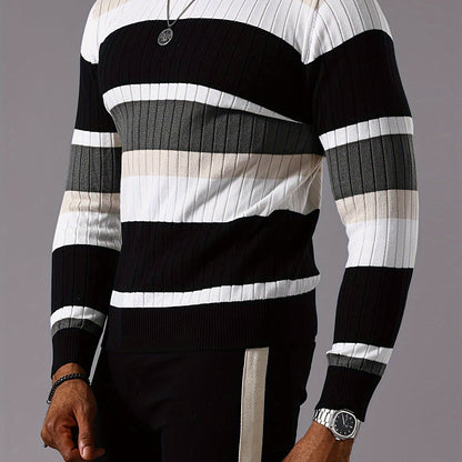 Men's Striped Color-Block Ribbed Knit Sweater - Long Sleeve Round Neck Pullover with Elastic Comfort Fit, Machine Washable Casual Fall Winter Top in Black/White/Green/Beige, Knit Sweater, Medium Elasticity