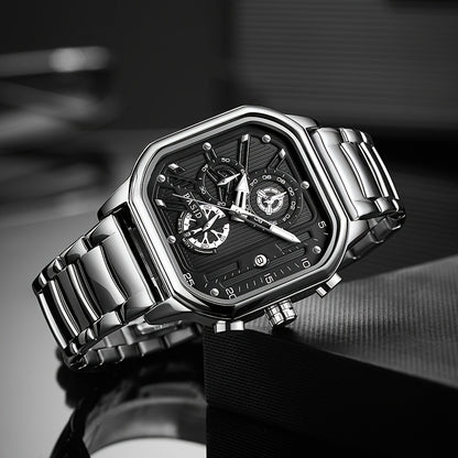 BASID Men's Elegant Square Analog Quartz Watch with Date Display & Stopwatch - Stainless Steel Strap, Black Dial - Casual & Dress Watch for Men, Unique Gift Idea, Versatile Wristwatch, Sleek Watch Design, Polished Finish