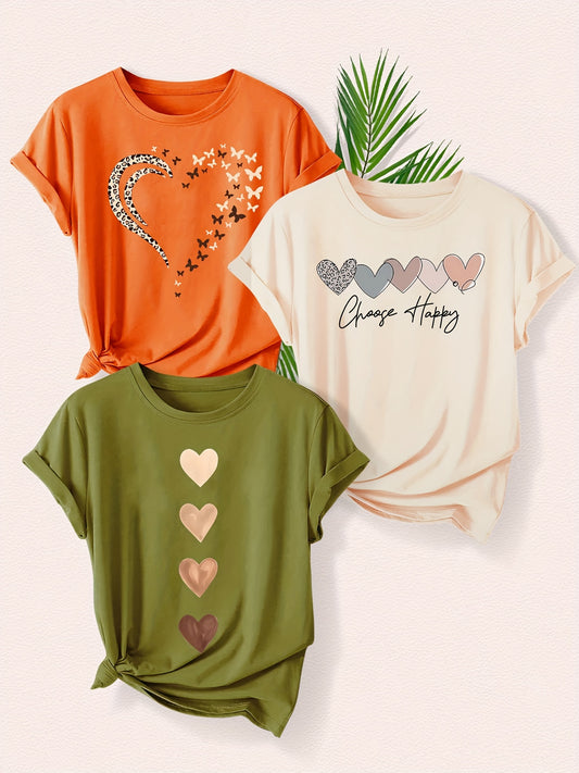 Leopard Print Small Butterfly Love Hearts in Pairs with English Letter Pattern Printed Fashion Retro Style Women's Spring, Autumn and Winter Casual Sports Top Round Neck Short Sleeve T-shirt 3pcs Combination Pack Family Pack