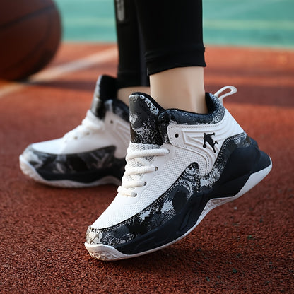 Youth Mid-Top PU Sports Sneakers - Comfortable, Lace-Up Basketball Shoes with Red & Black Design, TPR Sole for Outdoor Training, Running & Casual Wear, Basketball Shoes