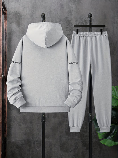 Men's AK Letter Print Long Sleeves Hoodies With Zipper Detail & Long Pants Two-piece Set, Slight Stretch Comfortable Clothing For Spring And Autumn