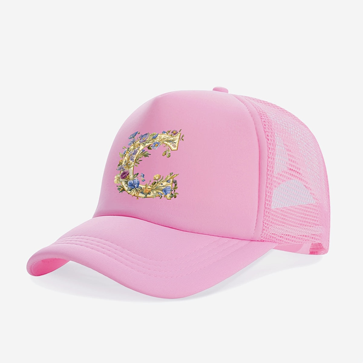 1-Pack Youngsters Trucker Hat with Golden Floral Letter A Design - Breathable Sun Protection, 100% Polyester, Adjustable Snap Closure, Pink for Spring/Summer Outdoor Play, Back to School, Thanksgiving, Teacher's Day (Ages 3-1