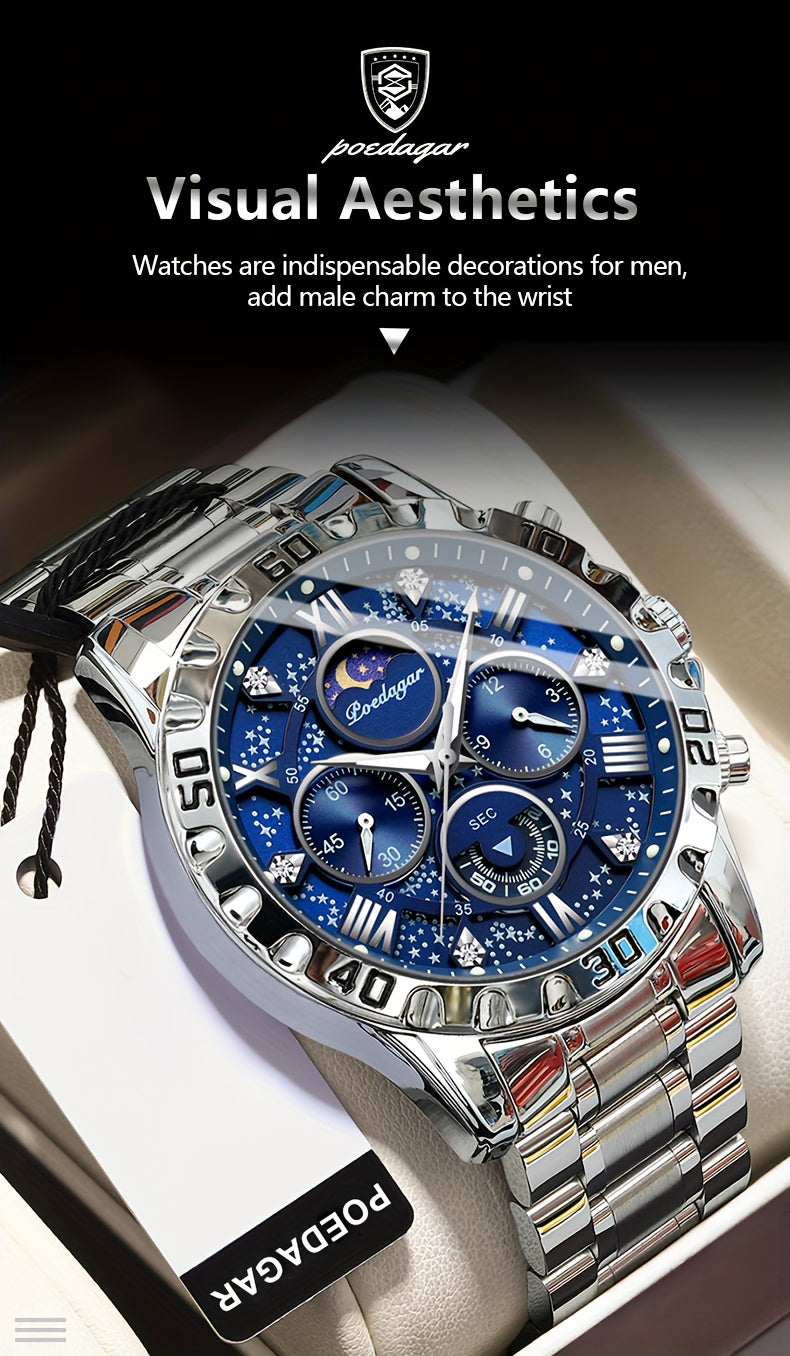 POEDAGAR Men'S Luxury Stainless Steel Quartz Watch with Moon Phase and Calendar - Waterproof, Night-Glow Hands, and Detailed Dial for Business and Formal Attire, Formal Watch | Detailed Watch Face | Quartz Movement