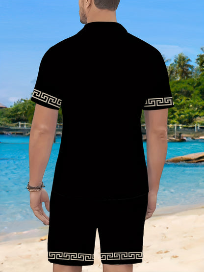 Men's Casual Summer Shirt Set, Elegant Black Silvery-Edge Pattern 3D Print, Loose Lapel Short Sleeve Shirt and Drawstring Shorts 2pcs