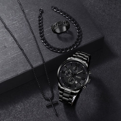 SOKI Men'S Casual Quartz Watch Set, 4pcs, Round Dial, Alloy Case, Stainless Steel Strap, Pointer Display, Calendar Feature, Non-Waterproof, Electronic Movement, Battery Powered, with Silvery Cross Pendant Necklace Ring Bracel