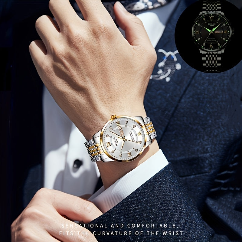 1pc Men'S Business Style Roman Dial Quartz Watch with Luminous Date and Day Display, Stainless Steel Alloy Strap, IPX7 Waterproof, Battery Operated, Elegant Fashion Accessory + Box