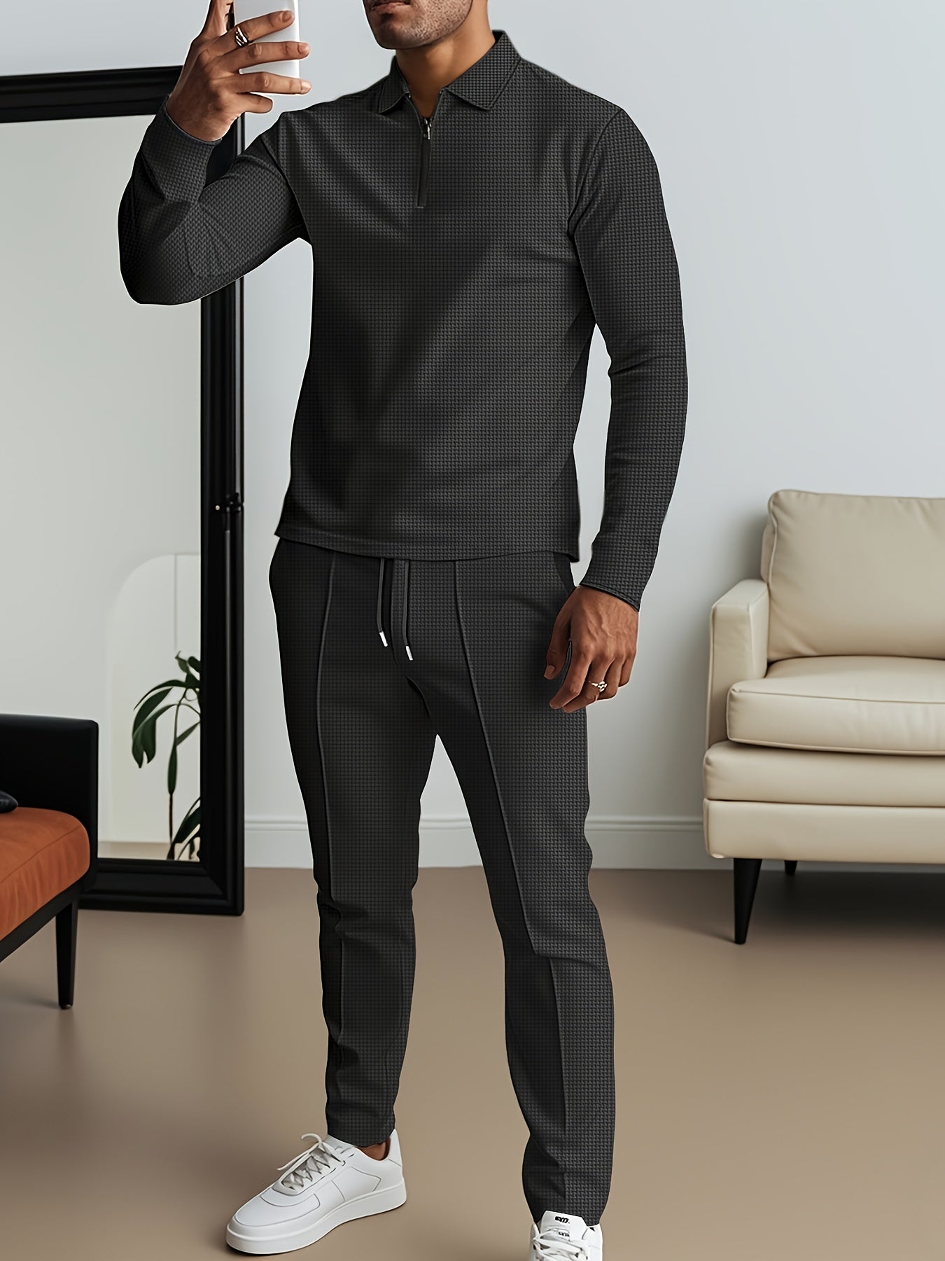 2025 collar half zipper long sleeved two-piece set, collar zipper allows for free breathing, casual pants to wear, knitted fabric is softer, multi color and multi style, Men's solid color is simple and not simple.