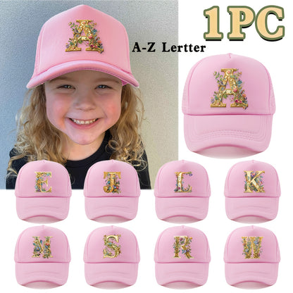 1-Pack Youngsters Trucker Hat with Golden Floral Letter A Design - Breathable Sun Protection, 100% Polyester, Adjustable Snap Closure, Pink for Spring/Summer Outdoor Play, Back to School, Thanksgiving, Teacher's Day (Ages 3-1