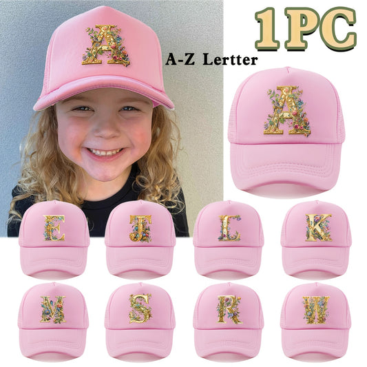 1-Pack Youngsters Trucker Hat with Golden Floral Letter A Design - Breathable Sun Protection, 100% Polyester, Adjustable Snap Closure, Pink for Spring/Summer Outdoor Play, Back to School, Thanksgiving, Teacher's Day (Ages 3-1