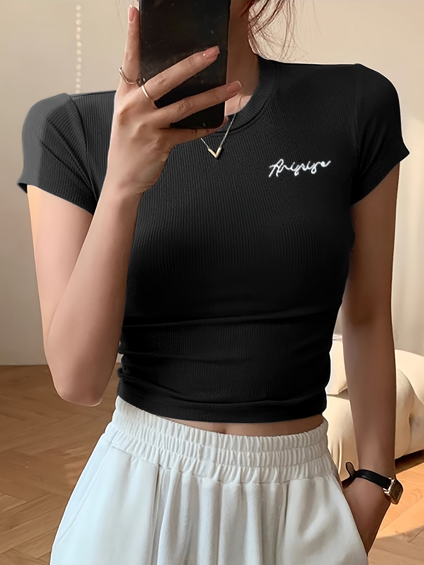 Women's Summer Slim Fit Short Sleeve T-Shirt - High Elasticity Breathable Fabric with Black Letter Embroidery, Versatile Casual & Office Wear, Elegant Collection, Cute Short Sleeve Tops, Everyday Comfort Tee, Slim Fit Tee, Sm