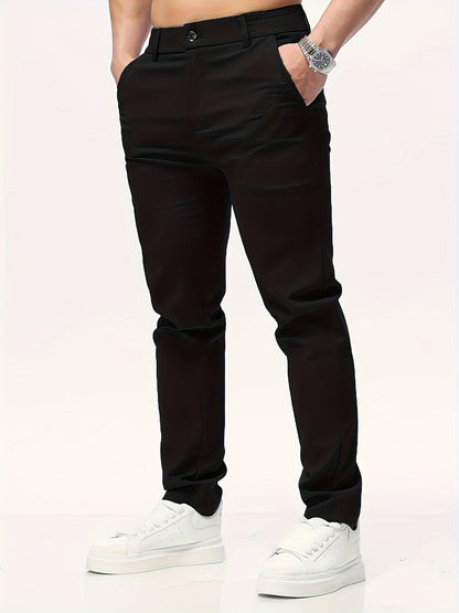 Men's Casual Solid Color Pants - Polyester, Machine Washable, Button Detail, Regular Fit for All Seasons