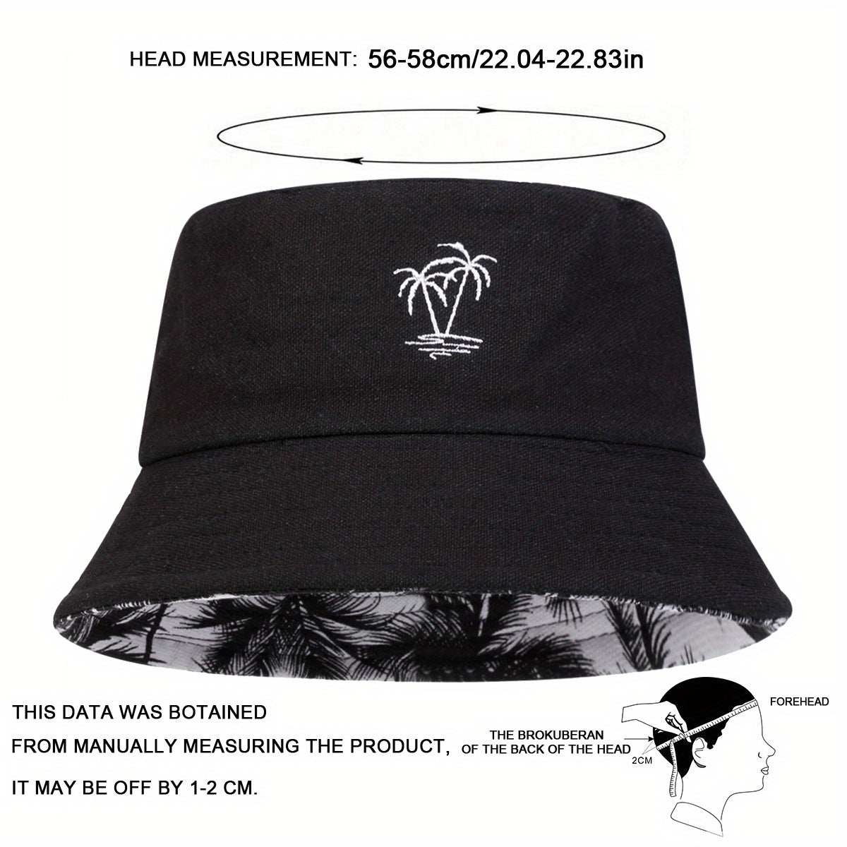 1pc Unisex Bucket Hat - Double-Sided Coconut Tree, Lightweight Fisherman Cap with Wide Brim, Elastic Fit for Beach, Travel, Everyday - Men & Women (Black/White/), Beach Hat, Travel Headwear, Detail